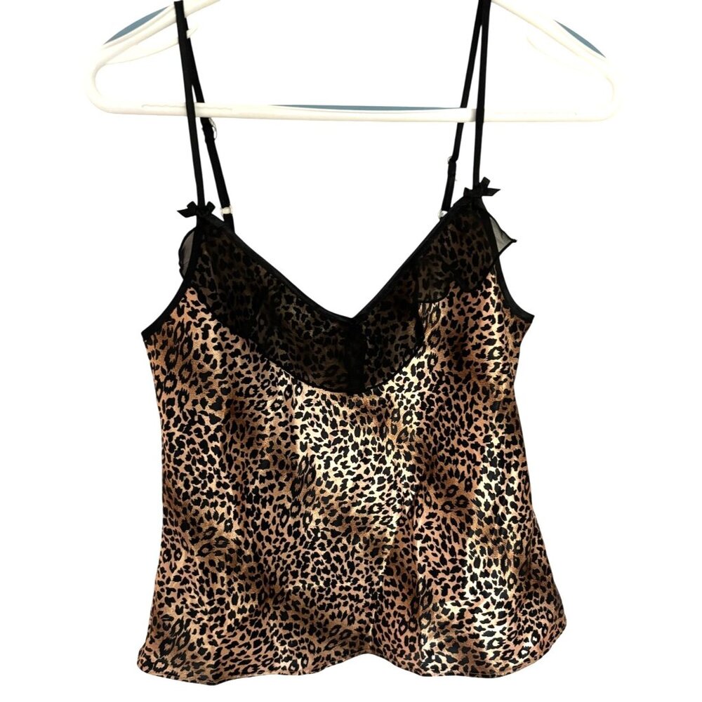 Leopard Print Satin Cami Top Lace Trim Spaghetti Straps Kathryn Size Small
